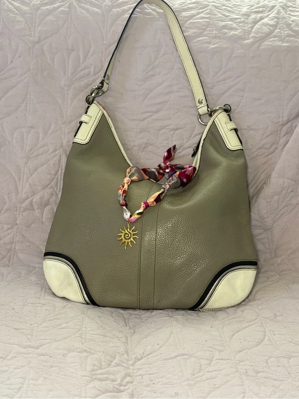 Neutral Taupe Leather Hobo Bag with White Trim - Classic Women's Shoulder Bag